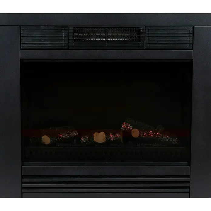 Chimenea eléctrica Da Vinci - 1.800 W, Negro, L x An x Al: 23 x 62 x 67 cm - Primer plano de una chimenea eléctrica negra con troncos simulados que emiten un cálido brillo rojo.