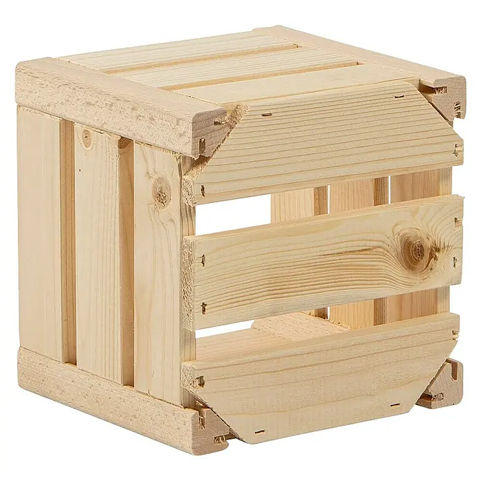 HolzZollhaus Holzkiste B 1/8 - 17,5 x 18 x 16 cm, Natur - Nahaufnahme einer unbehandelten Holzkiste, ideal für Lagerung oder als rustikale Dekoration. Die natürliche Holzmaserung ist gut sichtbar.