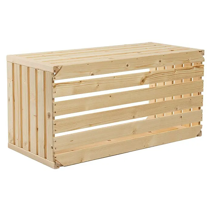 HolzZollhaus Holzkiste A 1/1 - 35 x 70 x 35 cm, Natur - Nahaufnahme einer länglichen Holzkiste, die sich ideal für Lagerzwecke oder als dekoratives Element eignet. Sie besteht aus hellem Holz und hat offene Seiten.