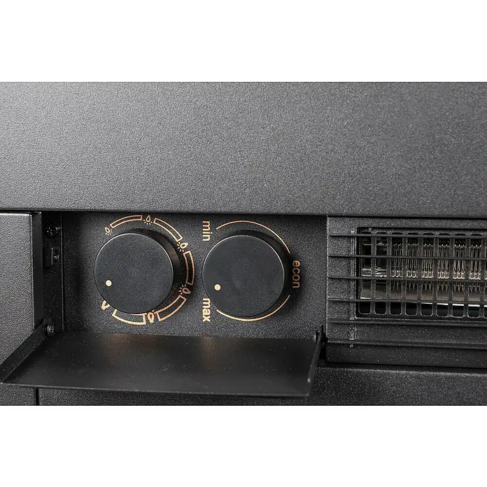 Chimenea eléctrica Da Vinci - 1.800 W, Negro, L x An x Al: 23 x 62 x 67 cm - Primer plano del panel de control de un calentador con botones para la intensidad de la luz y la temperatura.