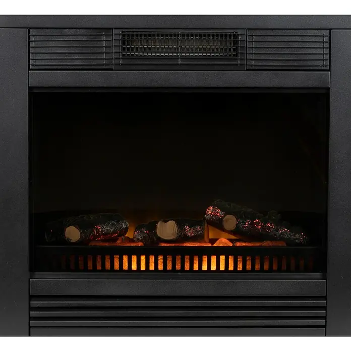 Chimenea eléctrica Da Vinci - 1.800 W, Negro, L x An x Al: 23 x 62 x 67 cm - Primer plano de una chimenea eléctrica con troncos simulados y cálidos efectos de luz brillante, enmarcada en un marco negro.