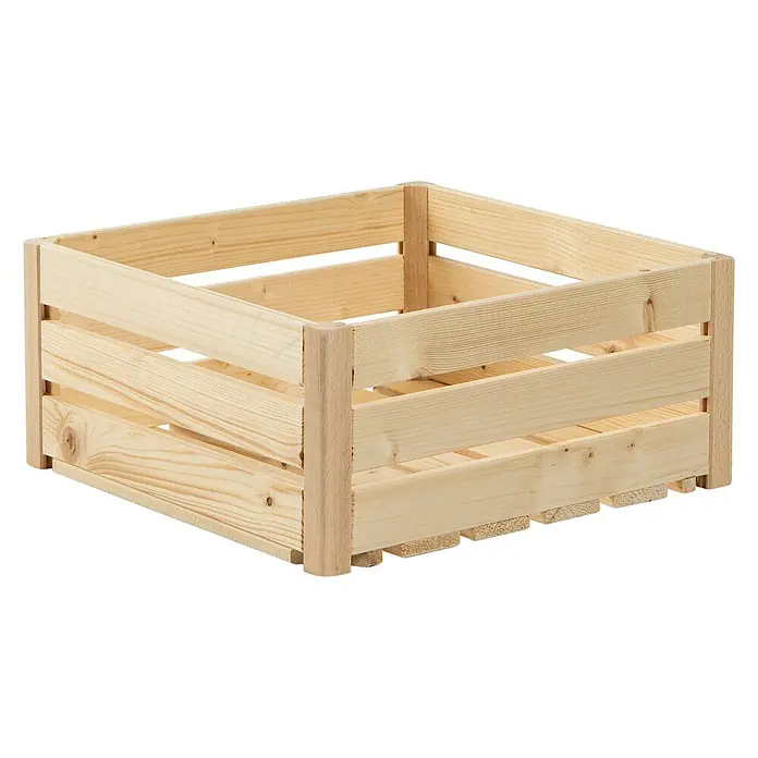 HolzZollhaus Holzkiste B 1/2 - 35 x 35 x 16 cm, Natur - Holzkiste aus hellem Kiefernholz mit Lattenstruktur und stabilen Eckpfosten, ideal für Lagerung und Dekoration.