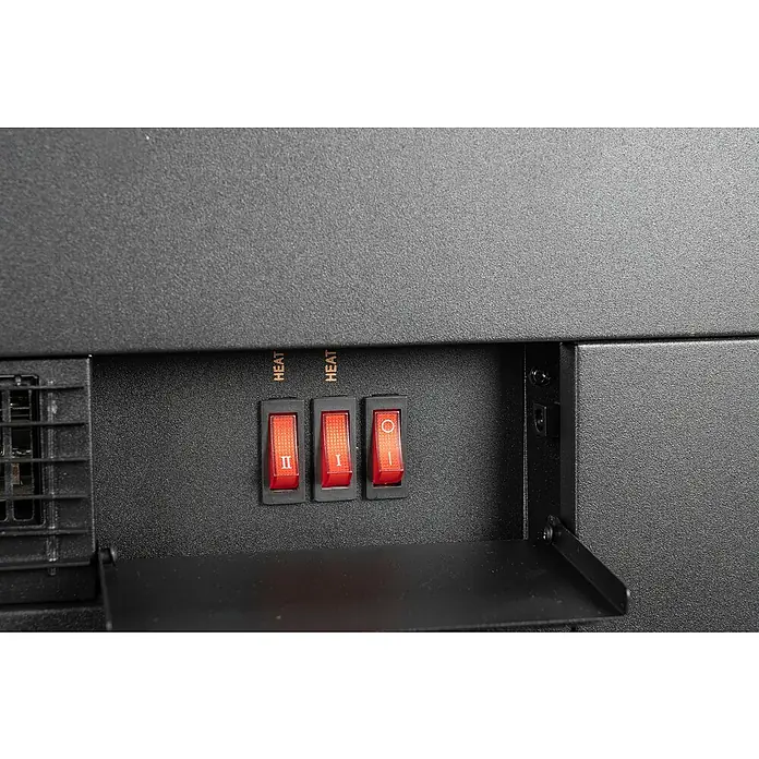 Chimenea eléctrica Da Vinci - 1.800 W, Negro, L x An x Al: 23 x 62 x 67 cm - Primer plano de un aparato de calefacción con interruptores rojos que indican diferentes ajustes de calor.