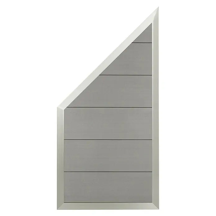 Sichtschutzelement RomaMaße B x H: 90 x 180/90 cm, Abgeschrägt, Grau - Eine stilvolle, graue Holzpaneele mit einem weißen Rahmen, ideal für moderne Inneneinrichtung und Wandgestaltung.