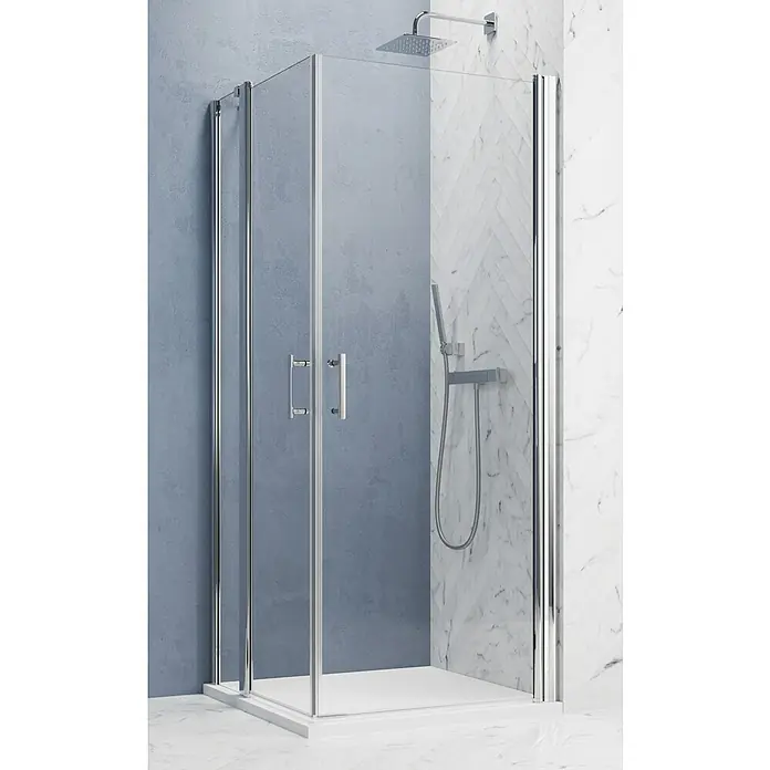 GEO Hit Pro Eckdusche B-PE210L x B x H: 80 x 100 x 202,2 cm, Beschichtet, Stärke: 6 mm, Chrom - Elegante Duschkabine mit klarem Glas und Chromrahmen. Die Dusche verfügt über einen modernen Duschkopf und eine Handbrause.