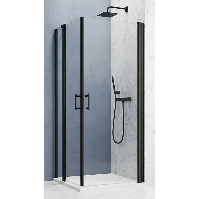 GEO Hit Pro Eckdusche B-PE210L x B x H: 90 x 80 x 202,2 cm, Beschichtet, Stärke: 6 mm, Schwarz - Moderne Duschkabine mit schwarzem Rahmen und Kopfbrause. Das schlichte Design fügt sich nahtlos in jedes Badezimmer ein.