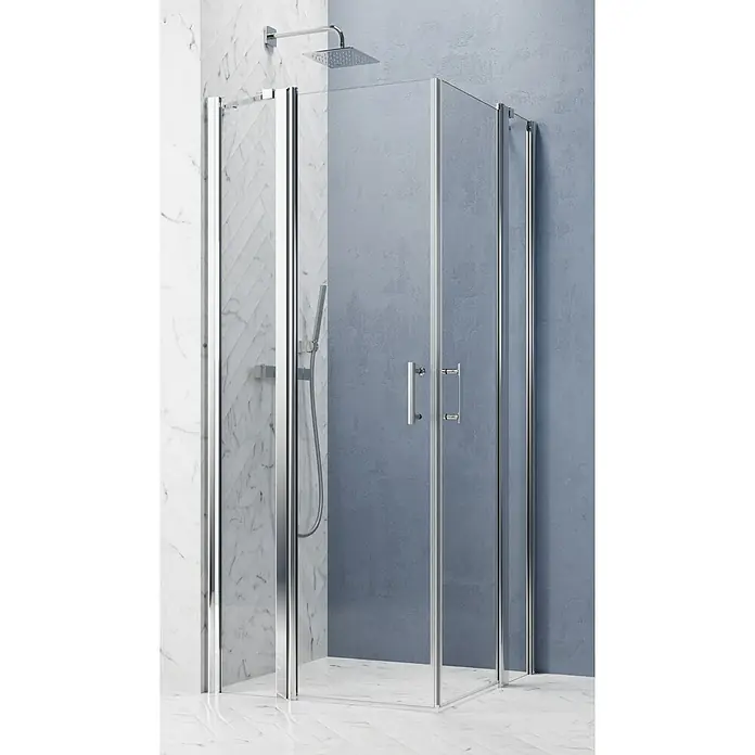 GEO Hit Pro Eckdusche B-PE200 - 90 x 90 x 202,2 cm, Beschichtet, Chrom, Glasstärke: 6 mm - Ein detailreiches Bild einer modernen Duschkabine mit klaren Linien und silbernen Beschlägen, die ein elegantes Badezimmerambiente schaffen.