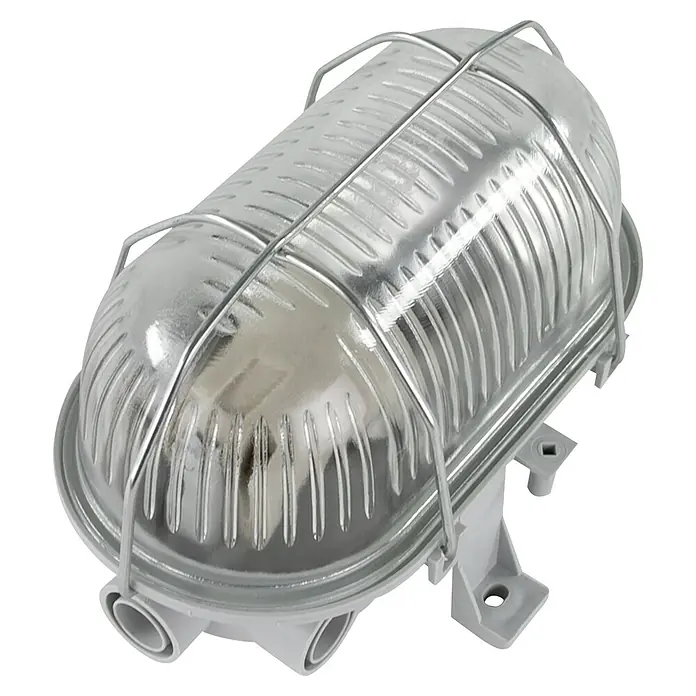 Ritter Leuchten LED-Wand- & Deckenleuchte - IP44, Grau - Nahaufnahme einer grauen, länglichen LED-Leuchte mit schützendem Metallgitter und klarem Gehäuse.