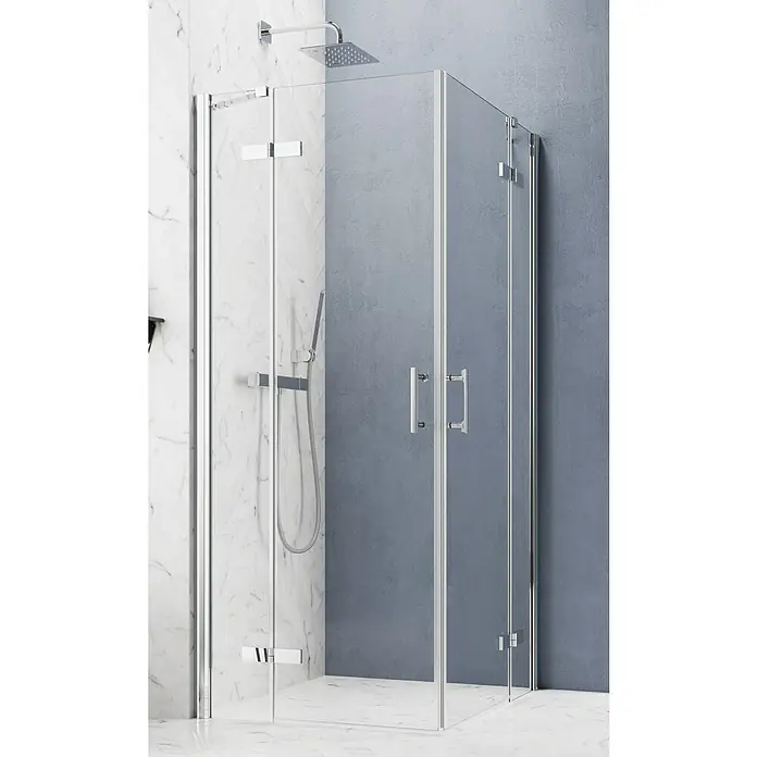 GEO Hit Pro Eckdusche B-PE300 - 90 x 100 x 200 cm, Beschichtet, Chrom, Glasstärke: 6 mm - Bild eines modernen Duschkabine aus Glas mit Chrombeschlägen, die Eleganz und Funktionalität im Badezimmer vereint.