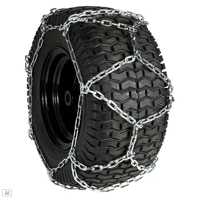 AL-KO Schneekette für Schneefräse SnowLine - 2 Stk., Passend für: AL-KO Snowline Schneefräse 560 II, Schneefräse 620 E II - Detailaufnahme eines Reifens mit montierten Schneeketten vor schwarzem Hintergrund.