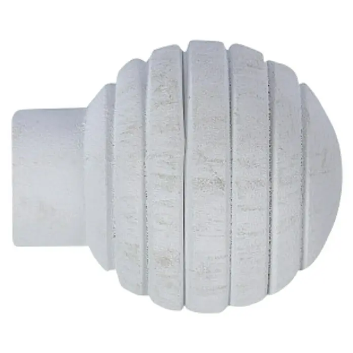 Tapones terminales modelo Esfera - Blanco-Beige, 2 ud. - Primer plano de un terminal blanco de barra de cortina con una punta bulbosa acanalada y una base cilíndrica, sobre un fondo negro.