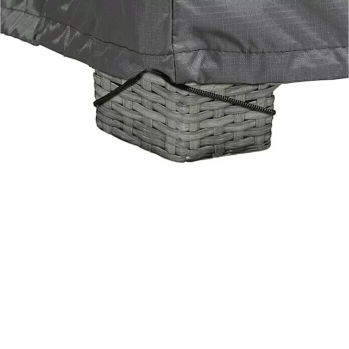Lounge-Set Schutzhülle Aerocover - L x B x H: 270 x 270 x 90 cm, Kunststoff - Grau geflochtener Rattan-Möbelboden mit dunkelgrauer Schutzhülle, befestigt mit schwarzer Kordel.