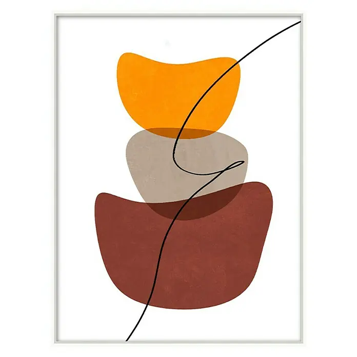Bild - Abstrakt, B x H: 30 x 40 cm, 3 -tlg. - Abstraktes Wandbild mit orangefarbenen, braunen und grauen Formen, verbunden durch eine schwarze Linie, in einem schlichten weißen Rahmen.