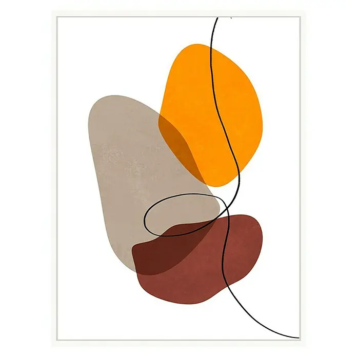 Bild - Abstrakt, B x H: 30 x 40 cm, 3 -tlg. - Abstraktes Wandbild mit organischen Formen in Orange, Braun und Beige, verbunden durch eine elegante schwarze Linie, gerahmt in Weiß.