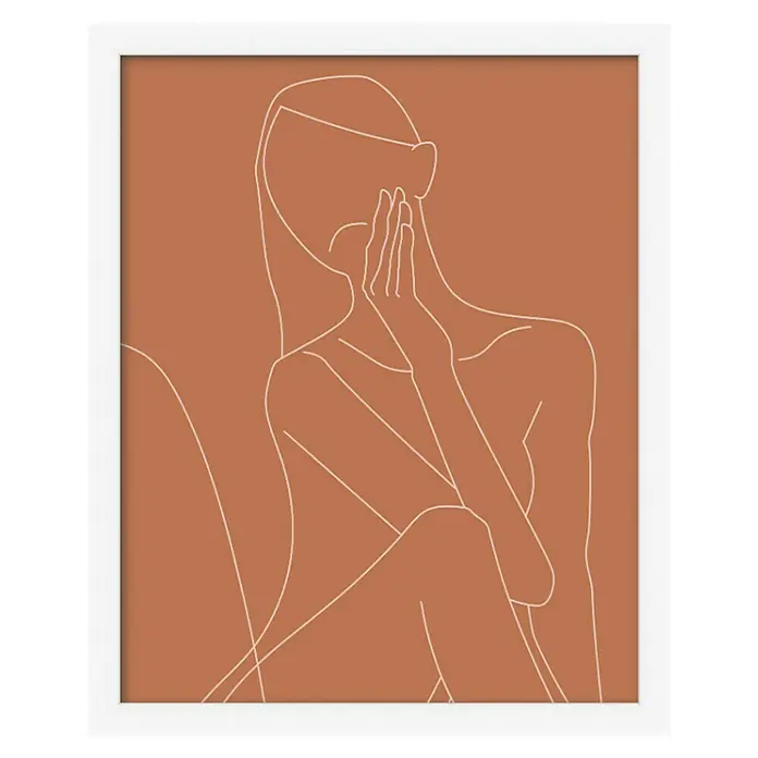 Bild - Abstrakt Frau, B x H: 30 x 40 cm, 2 -tlg. - Minimalistische Kunst: Ein weiß gerahmtes Poster mit abstrakter, beiger Linienzeichnung einer eleganten, sitzenden Frau, ideal für moderne Interieurs.