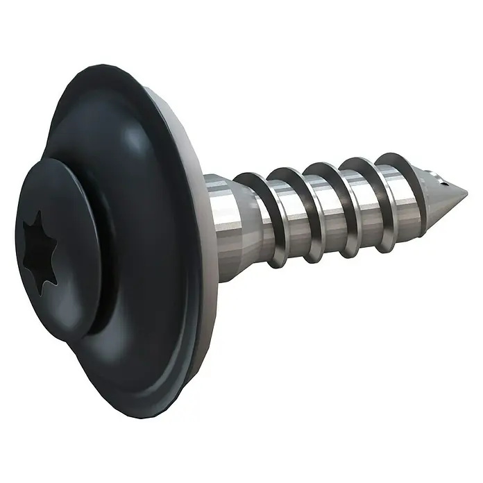 Sarei Piccolo Spenglerschraube - Edelstahl, 25 Stk., Anthrazit - Nahaufnahme einer Linsenkopfschraube mit Torx-Antrieb. Ideal für sichere und feste Verbindungen in verschiedenen Anwendungen.