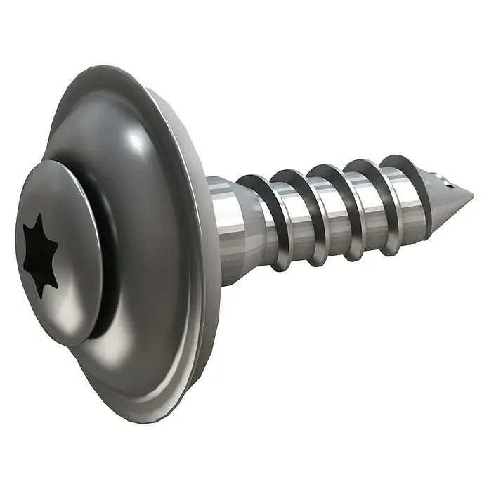 Sarei Piccolo Spenglerschraube - Edelstahl, 25 Stk., Natur - Detailaufnahme einer silbernen Schraube mit Torx-Kopf und Unterlegscheibe auf schwarzem Hintergrund.