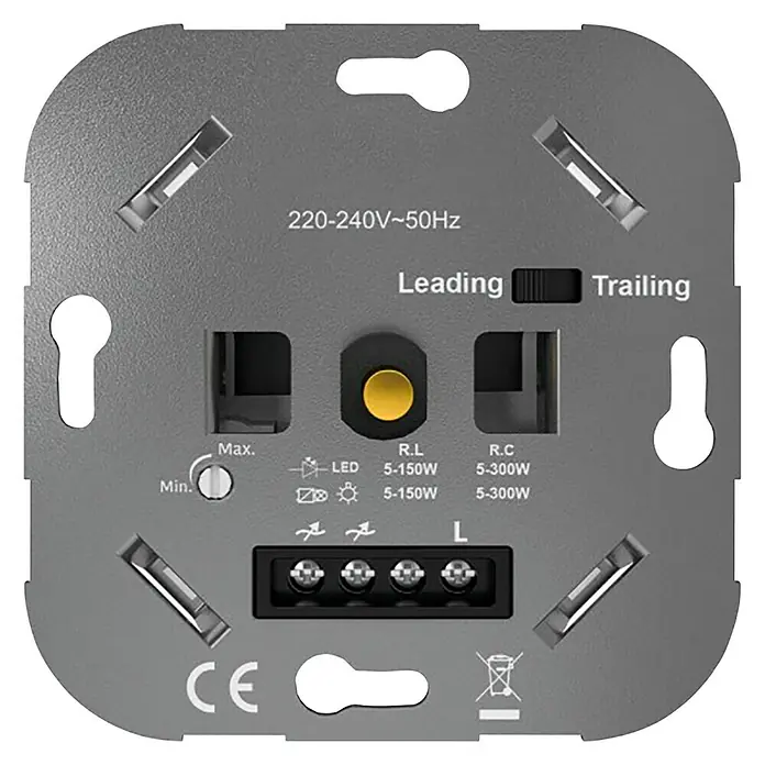 UniTEC LED-Dimmer - 230 V - Graue Dimmer-Einheit mit Schaltern zur Anpassung der Leistung für verschiedene Lampentypen und Spannungsanforderungen.