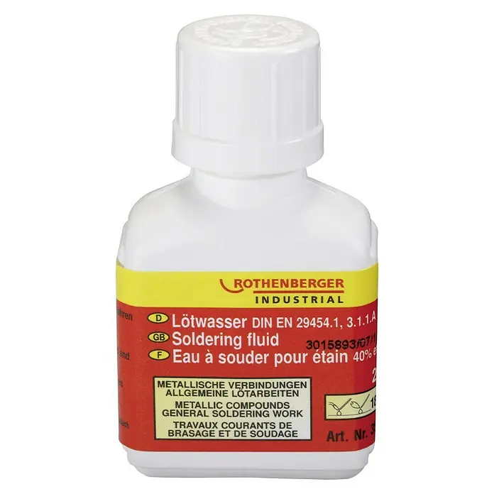 Rothenberger Industrial Lötwasser - 24 ml - Bild einer Flasche Rothenberger Lötwasser, einem Flussmittel für allgemeine Lötarbeiten, gemäß DIN EN 29454.1, 3.1.1.A.