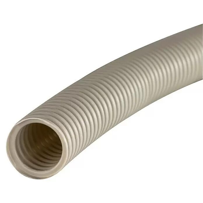 Flexrohr EN25 - Beton, 25 m, Kunststoff, 320 N, Grau, 25 mm - Hellgraues, gewelltes flexibles Kunststoffrohr zum Kabelschutz.