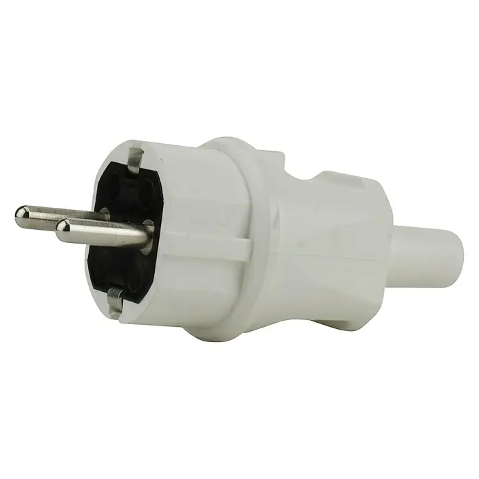 UniTEC Schutzkontaktstecker - IP44, Weiß - Nahaufnahme eines weißen Schuko-Steckers mit zwei Stiften und Erdungskontakt, üblich in Europa für Elektrogeräte.