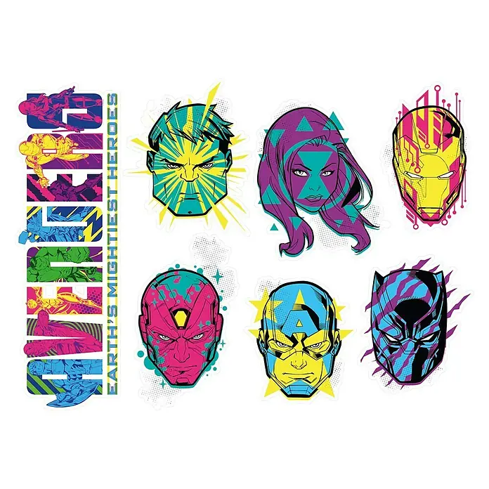 Komar Marvel Wandtattoo Avengers Mightiest Heroes - Bunt, 70 x 100 cm, 7 -tlg. - Buntes Avengers-Design mit Hulk, Black Widow, Iron Man, Vision, Captain America und Black Panther, ideal für Fans und Sammler.