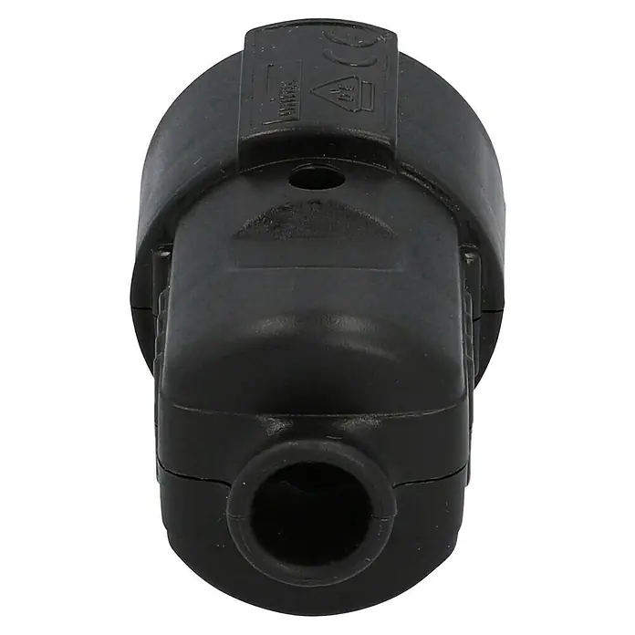 UniTEC Schutzkontakt-Kupplung - Schwarz, Kunststoff, IP20, 250 V - Nahaufnahme einer schwarzen Zugentlastung, die Kabel vor Beschädigung schützt, robust und langlebig für sichere Verbindungen.
