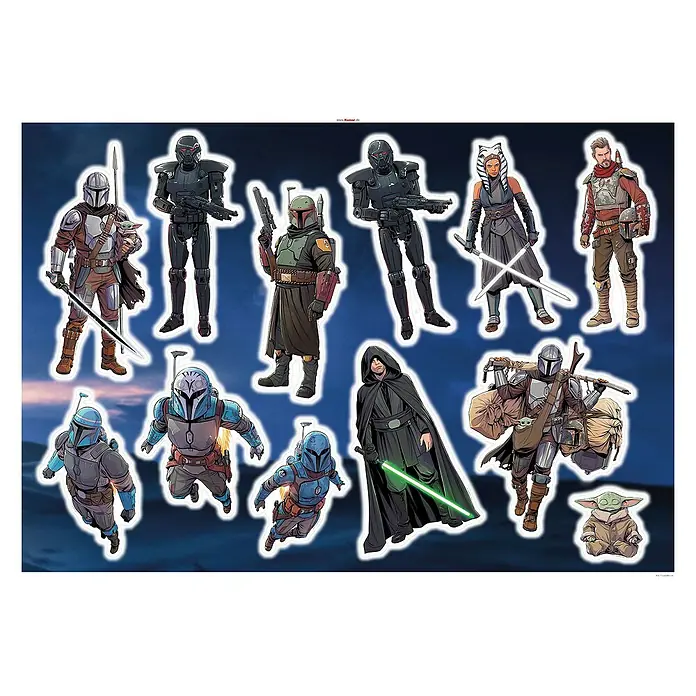 Komar Star Wars Wandtattoo Mandalorian Iconic Figures70 x 100 cm - Ein Aufkleberbogen mit verschiedenen Star Wars Charakteren wie Mandalorianer, Luke Skywalker und Ahsoka Tano.