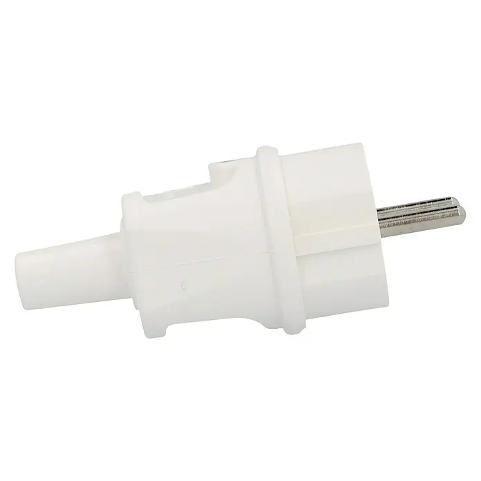 UniTEC Schutzkontaktstecker - IP44, Weiß - Ein weißer, europäischer Stecker mit zwei runden Stiften vor einem schwarzen Hintergrund.