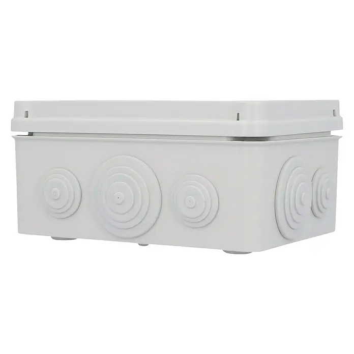 Abzweigdose - 160 x 115 x 70 mm, Aufputz - Eine graue Abzweigdose mit kreisförmigen Aussparungen zur Kabeleinführung. Robust und wasserdicht für sichere elektrische Installationen.
