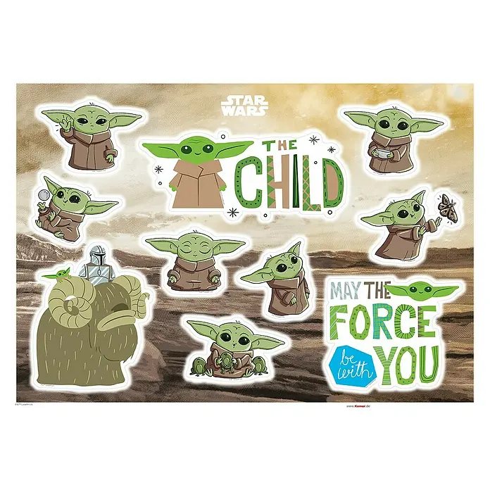 Komar Star Wars Wandtattoo Mandalorian Founding Groku50 x 70 cm - Ein Stickerbogen mit "The Child" Motiven aus Star Wars, inklusive Grogu in verschiedenen Posen und dem Schriftzug "May the Force be with you".