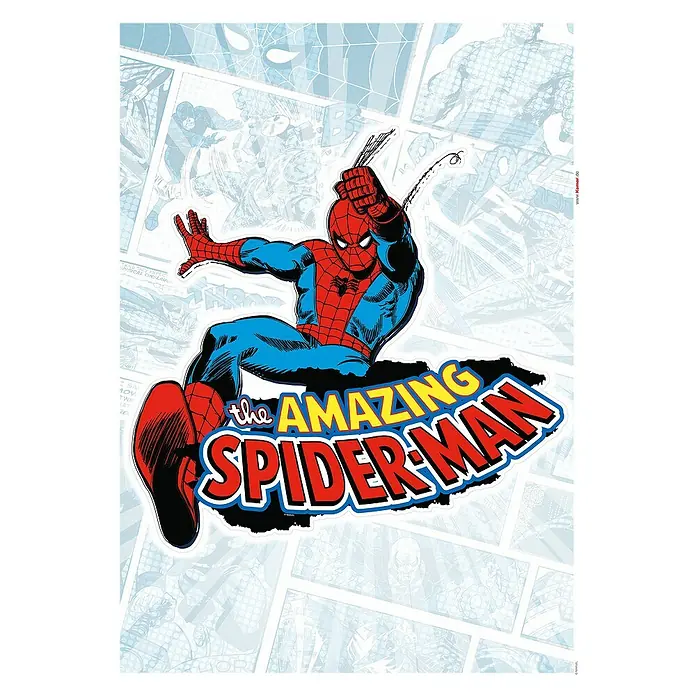 Komar Marvel Wandtattoo Spider-Man Comic Classic - Rot, Blau, 50 x 70 cm, 1 -tlg. - Ein dynamisches Bild des legendären Spider-Man, der sich vor Comic-Panels schwingt, hervorgehoben durch den Titel "The Amazing Spider-Man".