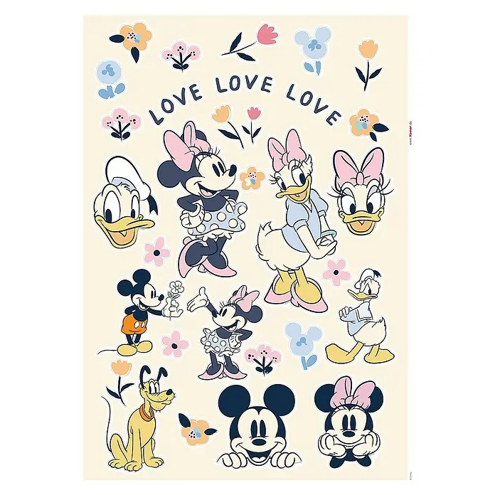Komar Wandtattoo Love, Love, Love Mickey Mouse - Bunt, 50 x 70 cm, 40 -tlg. - Aufkleberbogen mit Disney-Figuren wie Mickey, Minnie, Donald Duck, Daisy Duck, Pluto und Blumen mit dem Schriftzug "Love".
