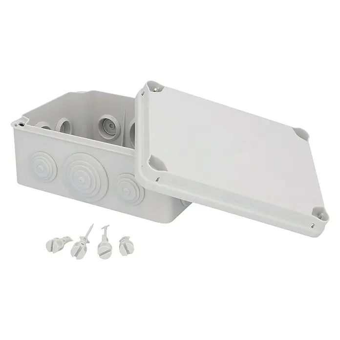 Abzweigdose - 160 x 115 x 70 mm, Aufputz - Eine geöffnete, graue Abzweigdose mit passenden Schrauben, ideal für sichere elektrische Installationen.