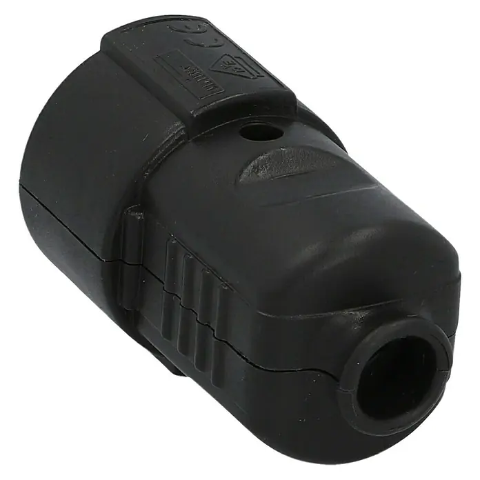UniTEC Schutzkontakt-Kupplung - Schwarz, Kunststoff, IP20, 250 V - Nahaufnahme einer schwarzen Kabelverschraubung, die Kabel schützt und für sichere Verbindungen sorgt.