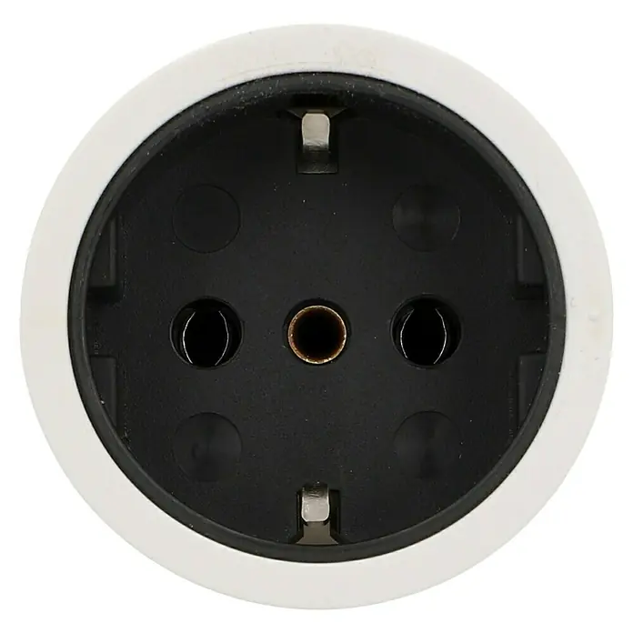 UniTEC Schutzkontakt-Kupplung - IP20, Weiß, Kabelknickschutz - Nahaufnahme einer deutschen Steckdose mit rundem Design und Schutzkontakt für sichere Stromversorgung im Haushalt.