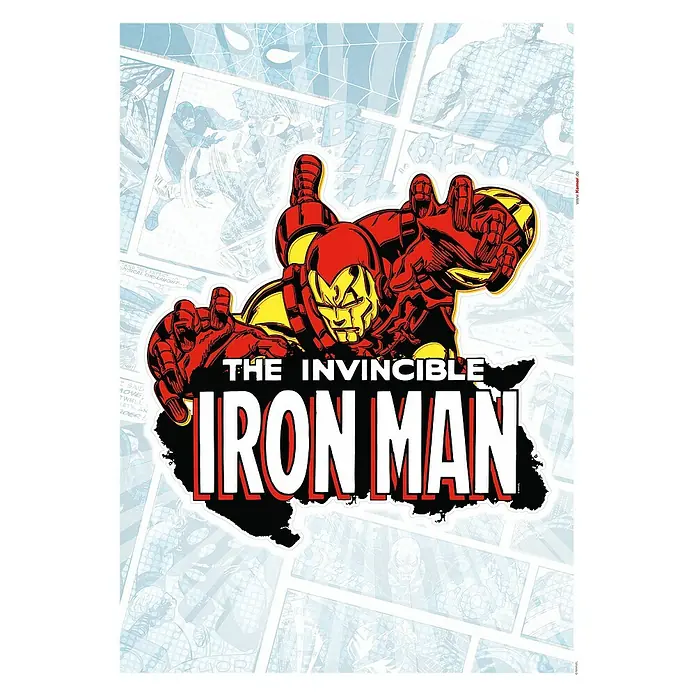 Komar Marvel Wandtattoo Iron Man Comic Classic - Bunt, 50 x 70 cm, 1 -tlg. - Das Bild zeigt ein farbenfrohes Poster mit Iron Man in roter und goldener Rüstung. Das Logo "The Invincible Iron Man" ist prominent dargestellt.