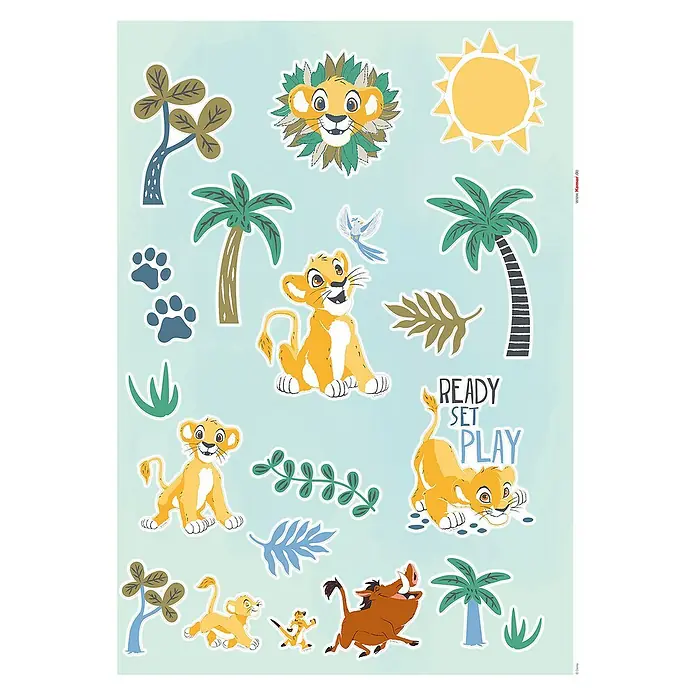 Komar Wandtattoo Disney Lion King Palmtrees - Rosa, Braun, Weiß, 50 x 70 cm, 34 -tlg. - Dekoratives Wandtattoo mit vielen Motiven aus dem Disney Film Der König der Löwen für Kinderzimmer.