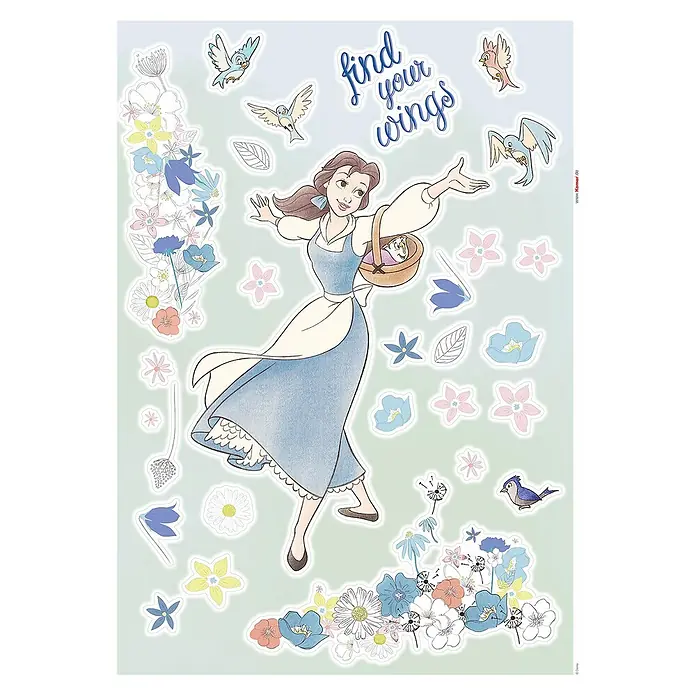 Komar Wandtattoo Disney Belle - Find Your Wings - Bunt, 50 x 70 cm, 34 -tlg. - Wandsticker mit Belle aus "Die Schöne und das Biest", umgeben von Blumen und Vögeln. Ideal für Kinderzimmer!