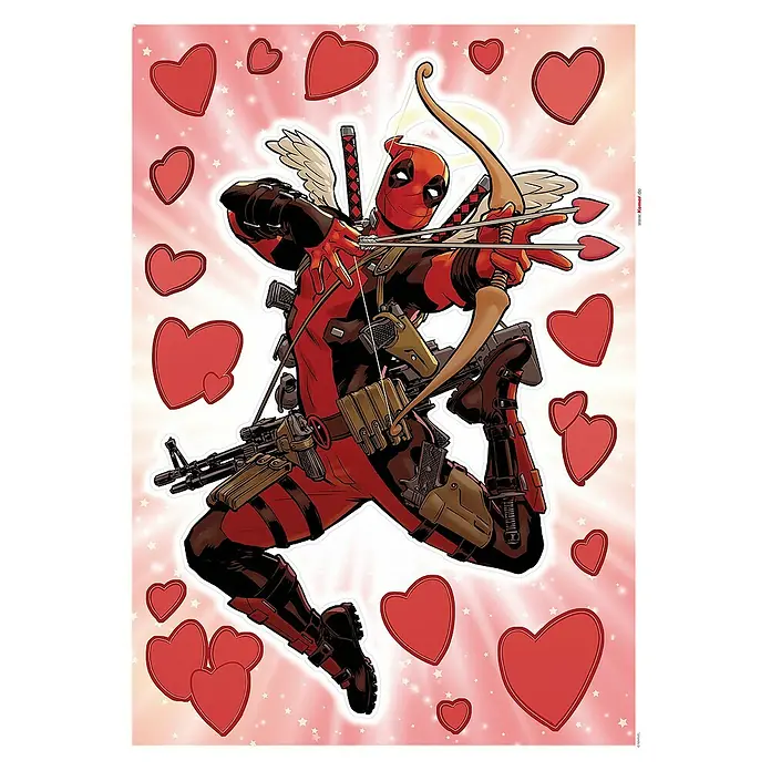 Komar Marvel Wandtattoo Deadpool Lovepool - Bunt, 50 x 70 cm, 17 -tlg. - Deadpool als Amor mit Pfeil und Bogen, umgeben von roten Herzen, ideal für Valentinstagsgeschenke.