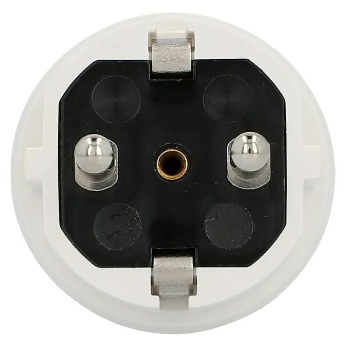 UniTEC Schutzkontaktstecker - IP44, Weiß - Nahaufnahme eines runden LED-Leuchtmittelanschlusses mit zwei Stiften und einer Erdungsbuchse.