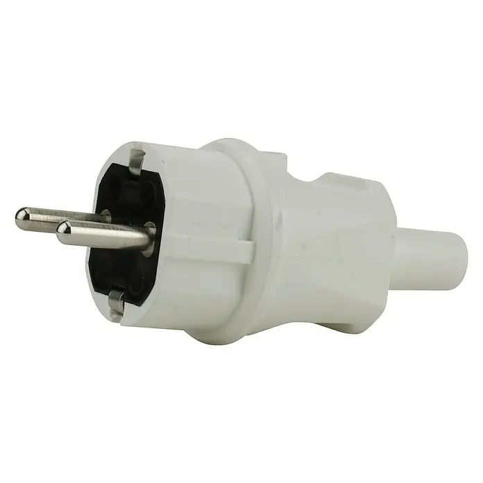 UniTEC Schutzkontaktstecker - IP44, Weiß - Nahaufnahme eines weißen Schuko-Steckers mit zwei runden Stiften und seitlichen Schutzkontakten auf schwarzem Hintergrund.