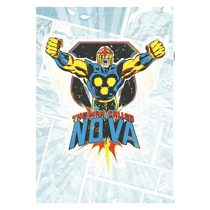 Komar Wandtattoo Nova Comic Classic - Bunt, 50 x 70 cm, 1 -tlg. - Ein Comic-Poster von The Man Called Nova, das den Superhelden in Aktion zeigt, umgeben von Comic-Panels.