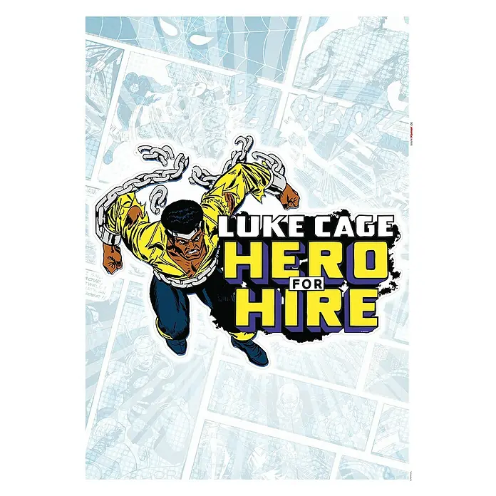 Komar Marvel Wandtattoo Luke Cage Comic - Bunt, 50 x 70 cm, 1 -tlg. - Luke Cage: "Hero for Hire"-Comic-Cover mit Luke Cage in Aktion, umgeben von Comic-Panelen.