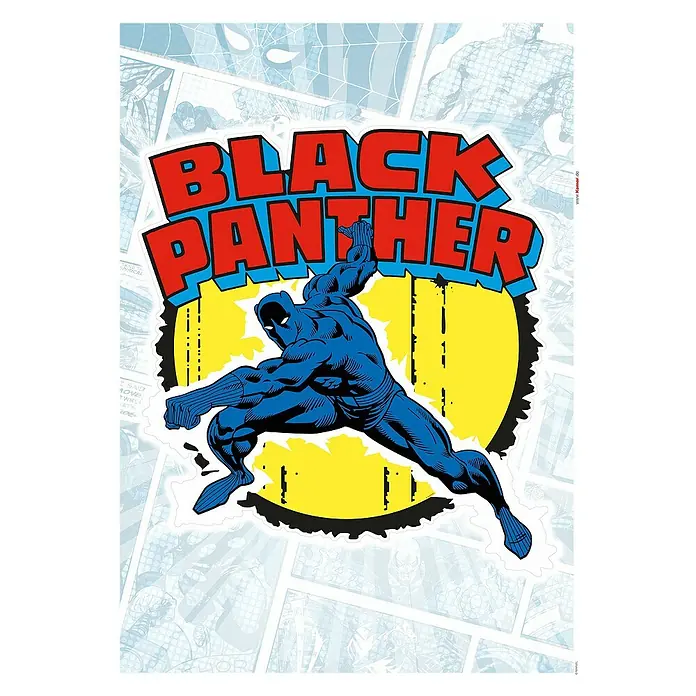 Komar Marvel Wandtattoo Black Panther - Gelb, Blau, Schwarz, Weiß, 50 x 70 cm, 1 -tlg. - Schwarzer Panther Comic Poster. Ein dynamisches Comic-Poster des Schwarzen Panthers mit retro Design und lebendigen Farben.