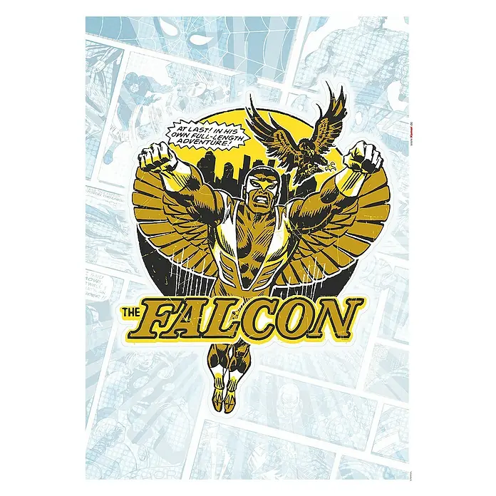 Komar Marvel Wandtattoo Falcon Gold Comic Classic - Gold, 50 x 70 cm, 1 -tlg. - Das Bild zeigt eine Comic-Grafik von The Falcon, einem Marvel-Superhelden, mit seinem gefiederten Begleiter vor einer stilisierten Skyline.