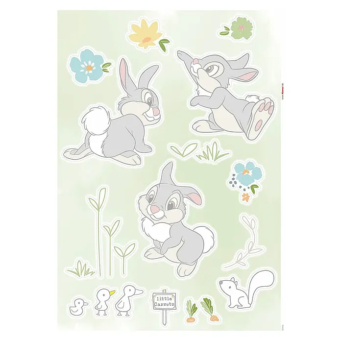 Komar Wandtattoo Disney Thumper In The Garden - Schwarz, Rot, Gelb, 50 x 70 cm, 13 -tlg. - Wandtattoo mit Motiven aus dem Disney-Film Bambi, inklusive Klopfer, Blumen und Gemüse. Ideal für Kinderzimmer.