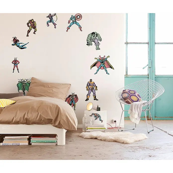 Komar Marvel Wandtattoo Comics Collection - Bunt, 70 x 100 cm, 11 -tlg. - Schlafzimmer mit Marvel Wandaufklebern, darunter Iron Man, Hulk und Captain America. Buntes, dekoratives Design für Kinderzimmer.