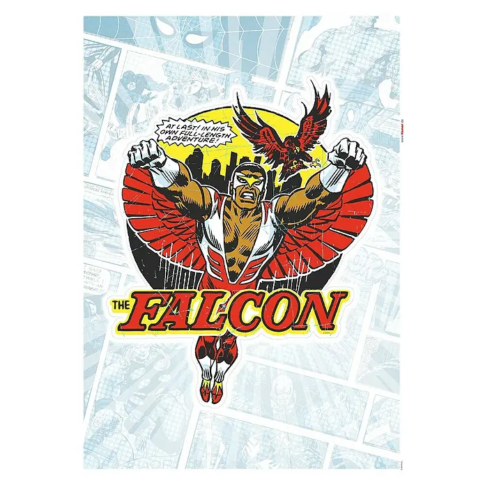 Komar Marvel Wandtattoo Falcon Comic Classic - Rot, 50 x 70 cm, 1 -tlg. - Produktansicht des Marvel Falcon Comic-Covers. Das Cover zeigt Falcon mit rotem Falken vor einem gelben Hintergrund und dem Schriftzug "The Falcon".