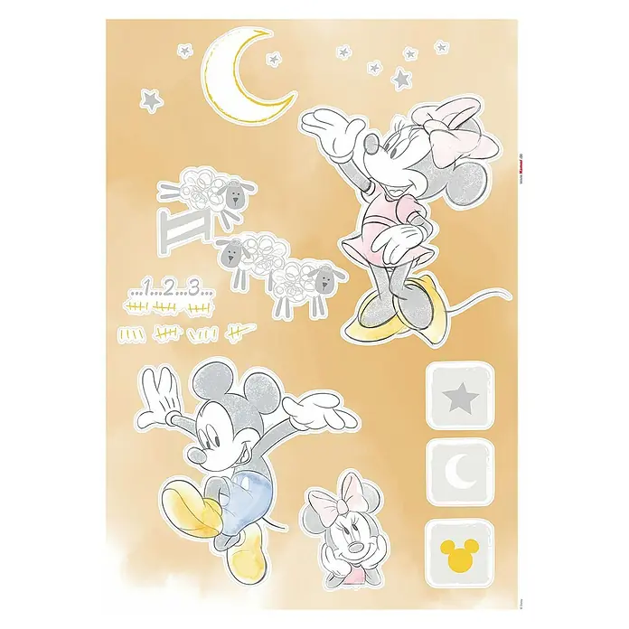 Komar Wandtattoo Mickey Mouse Counting Sheeps50 x 70 cm - Ein bezauberndes Wandtattoo mit Motiven von Mickey und Minnie Maus, Mond, Sternen und Schäfchen zum Zählen für eine märchenhafte Kinderzimmergestaltung.